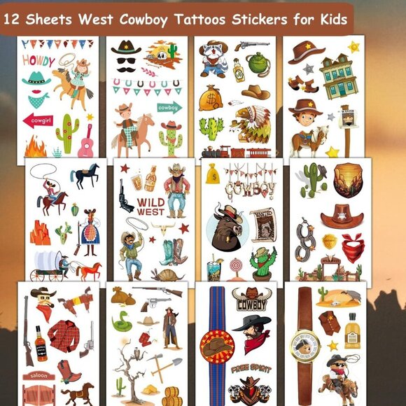 CHARLENT Cowboy Temporary Tattoos for Kids, 100 PCS Western Tattoos for Parties - Picture 2 of 6